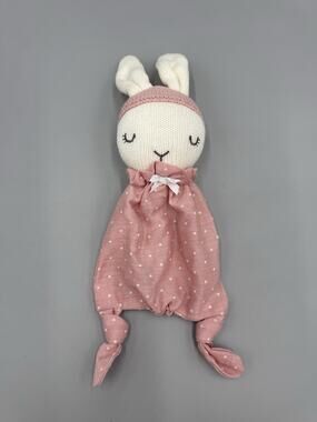 White Knit Bunny Rabbit Lovey Security Blanket Pink Polka Dots Knotted Bottom